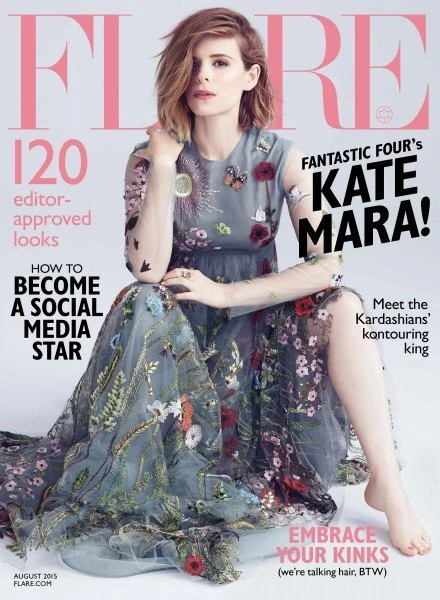 Kate Mara graces the cover of Flare magazine, wearing a floral-embroidered dress in a studio shot, featuring a bright, inviting color palette.