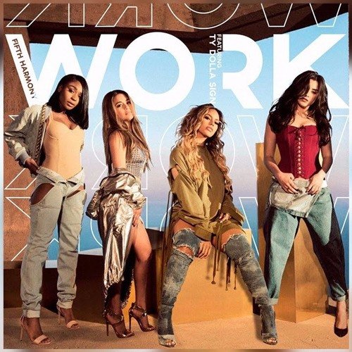 Fifth Harmony: group portrait of four women on a music album cover. Fashionable, wearing denim, boots and heels, posing confidently.