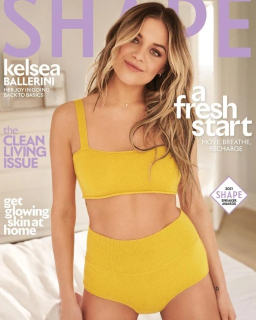 Kelsea Ballerini on the cover of Shape magazine, wearing a yellow two-piece set. The image is brightly lit, featuring a clean, modern design.