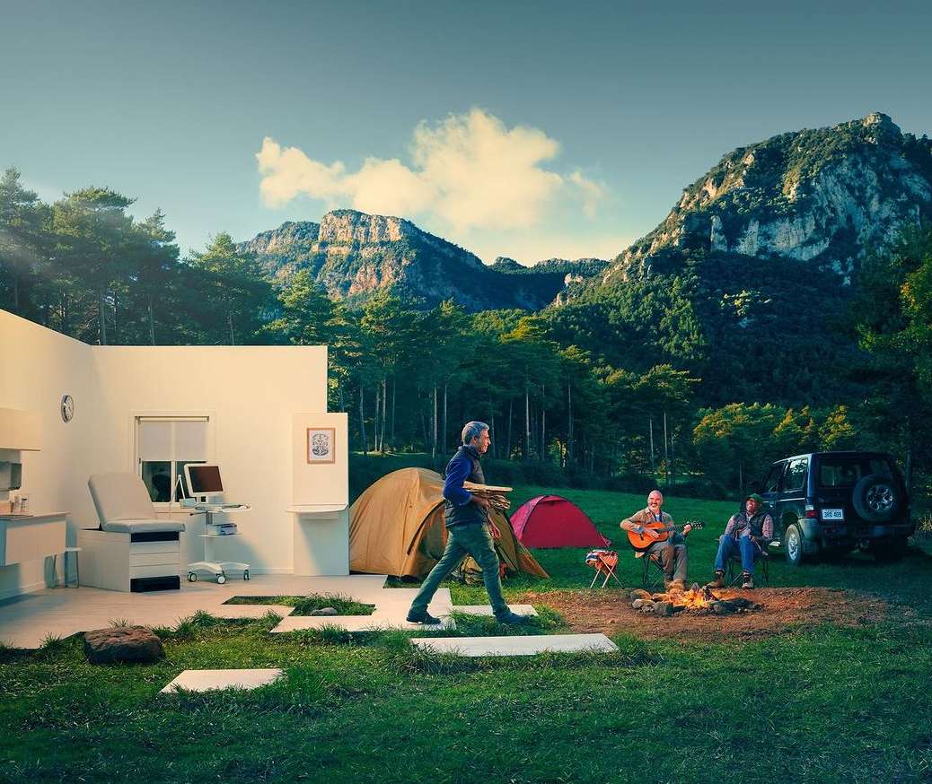 Conceptual image of a medical office juxtaposed with a campsite featuring tents, people around a fire, mountains, and an SUV.