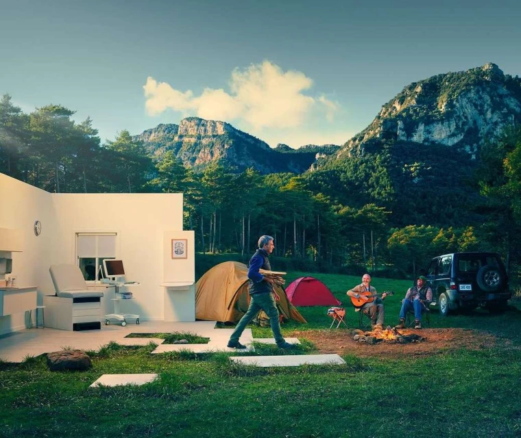 Conceptual image of a medical office juxtaposed with a campsite featuring tents, people around a fire, mountains, and an SUV.