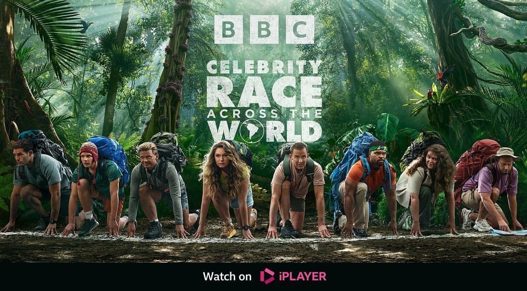 Promotional image for BBC's Celebrity Race Across the World featuring eight celebrities in athletic stances in a jungle environment.