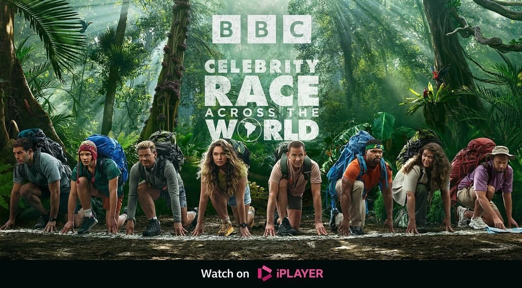 Promotional image for BBC's Celebrity Race Across the World featuring eight celebrities in athletic stances in a jungle environment.