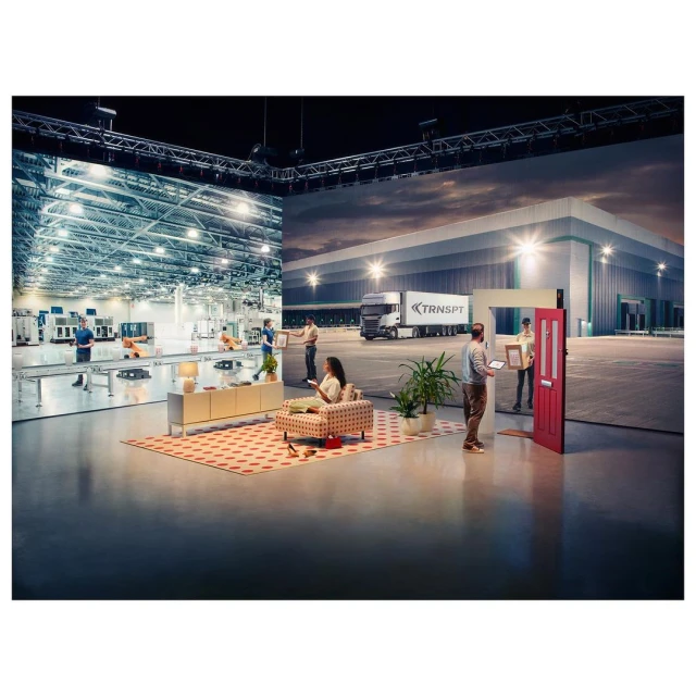 Modern concept composite showing a woman on a sofa, factory production, and transport truck at a distribution center.