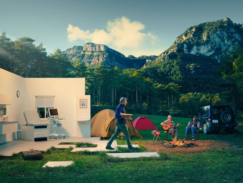 Conceptual image combining a medical exam room with an outdoor camping scene, featuring people, a car, tents, and a mountain backdrop.