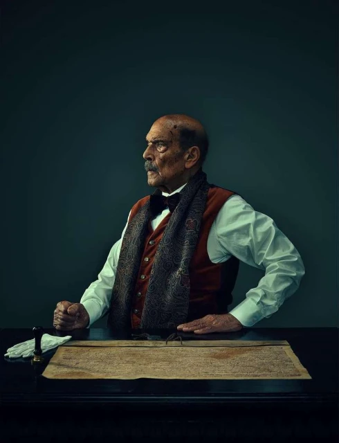 Historical portrait of an elderly man with a mustache wearing a waistcoat and scarf sitting at a table with a document and gloves.