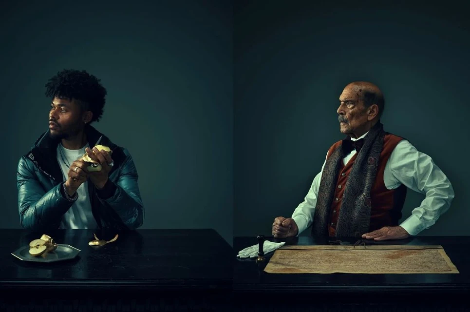 Split image: A young Black man peels an apple at a table, and an older Caucasian man sits behind a table with a document.