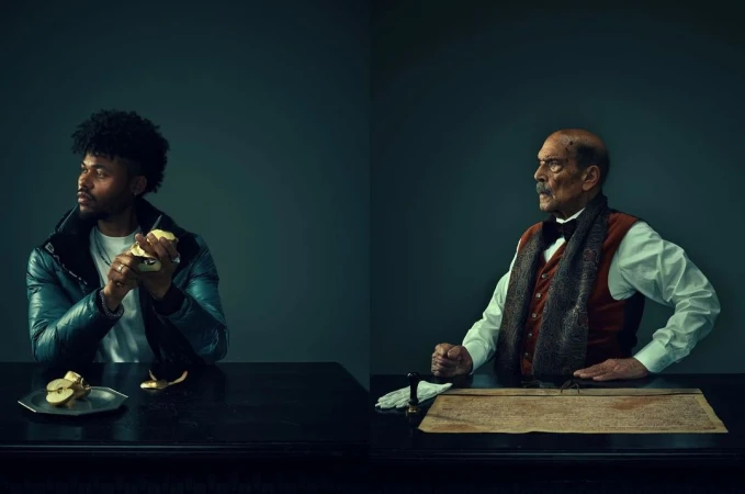 Split image: A young Black man peels an apple at a table, and an older Caucasian man sits behind a table with a document.