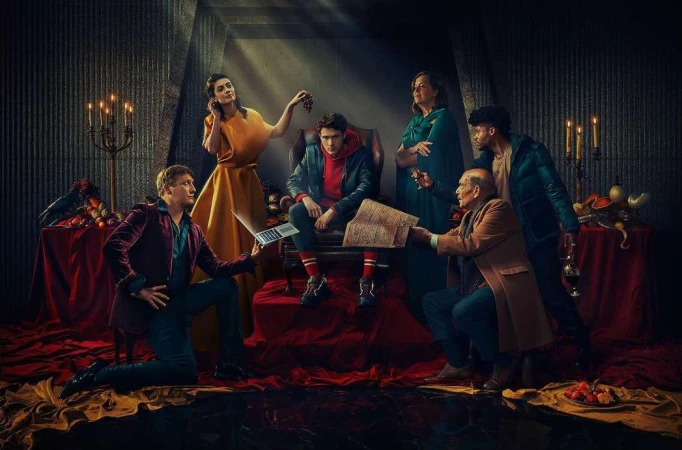 Group of people gathered indoors with dramatic lighting, featuring adults in formal wear, and tables with fruits and books.