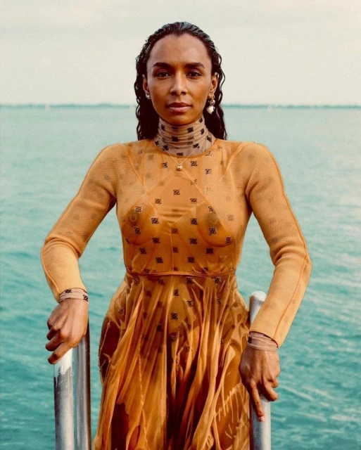 A dark-skinned woman poses at the edge of turquoise sea, wearing a brown patterned sheer dress, silver jewelry, with metal railing.