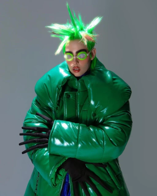 A person with bright green spiky hair, wearing round green glasses and a puffy green coat, poses in a studio with a light gray backdrop.