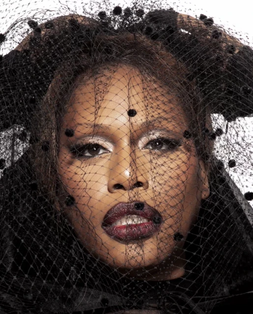 Close-up portrait of an adult female model with brown hair and dark lipstick posing in a black, dotted mesh veil on a white background.