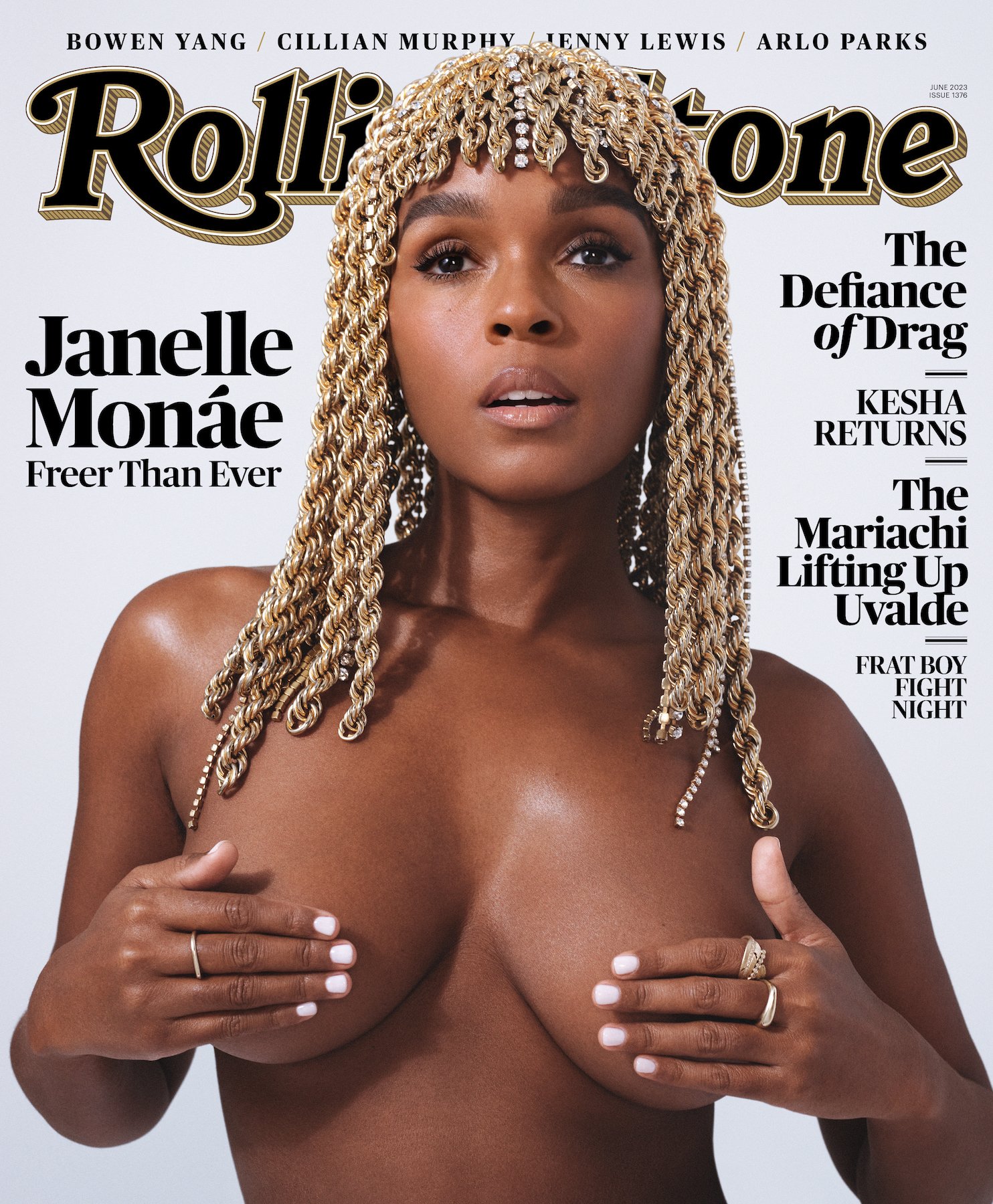 Rolling Stone cover featuring Janelle Monáe with headpiece and hand pose; black text elements are visible on a white background.