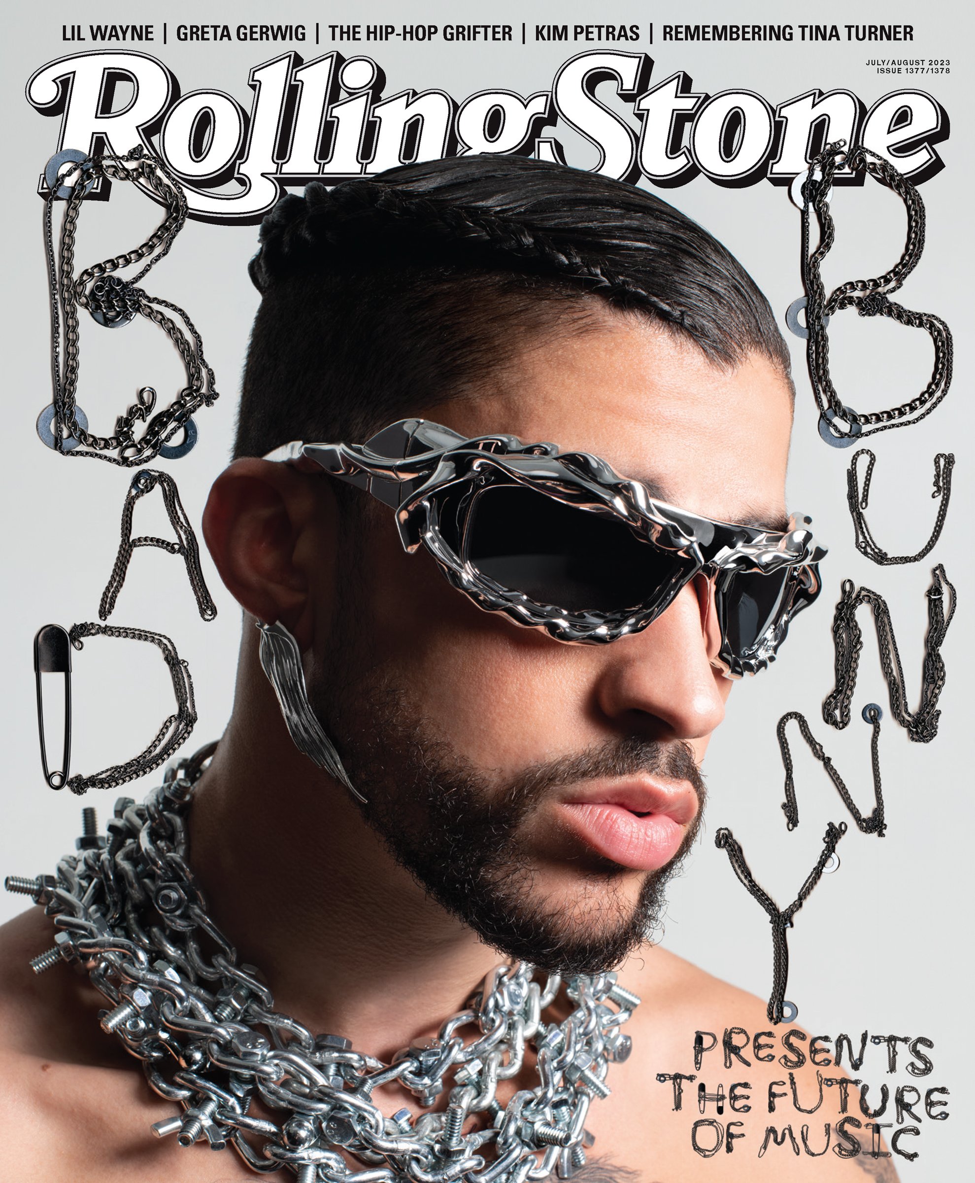 Rolling Stone cover featuring Bad Bunny with silver chains and sunglasses. Magazine cover includes text and music industry themes.