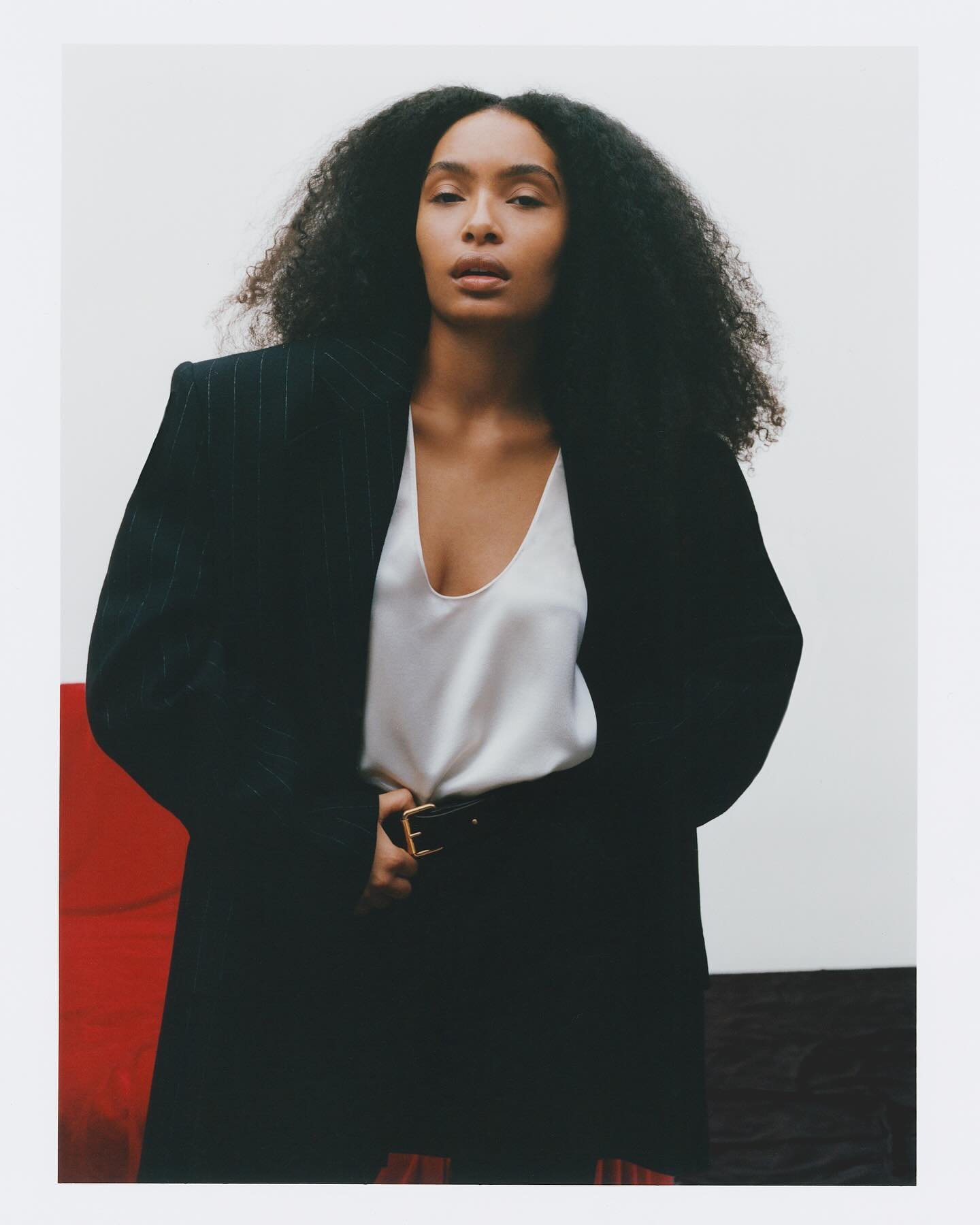 Portrait of a woman with an afro wearing a black blazer and a white shirt in front of a white, red, and black backdrop.