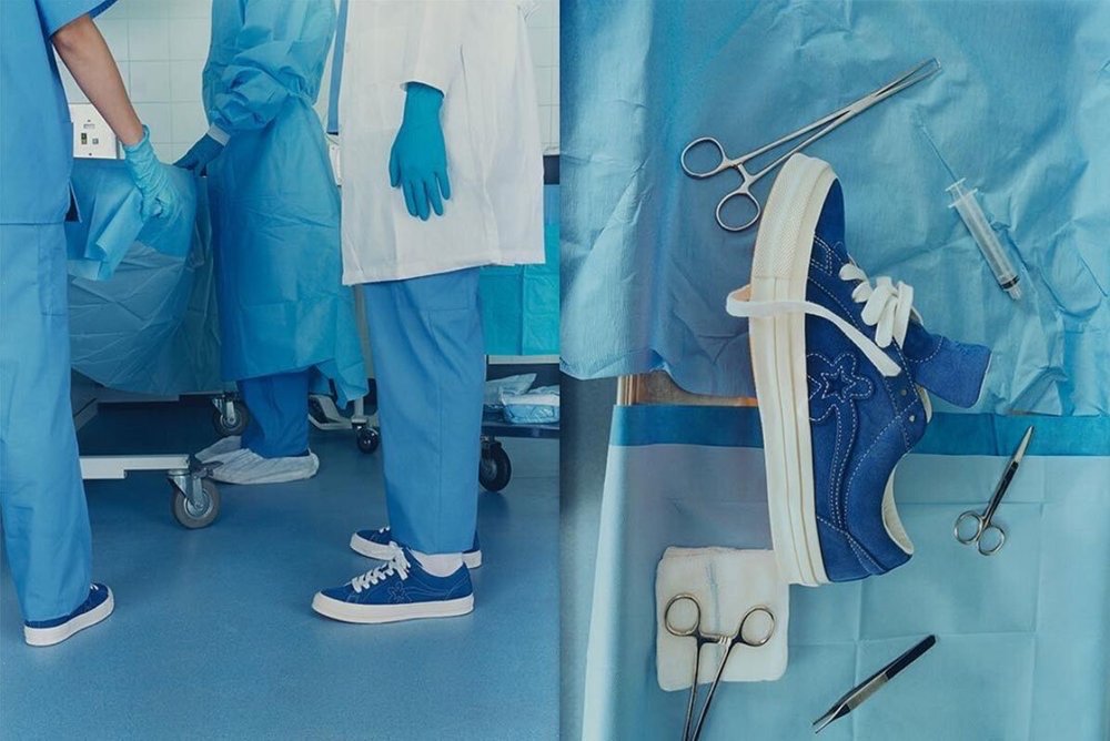 Medical themed shoe advertisement features sterile hospital environment, blue shoes, surgical tools, and medical personnel in scrubs.