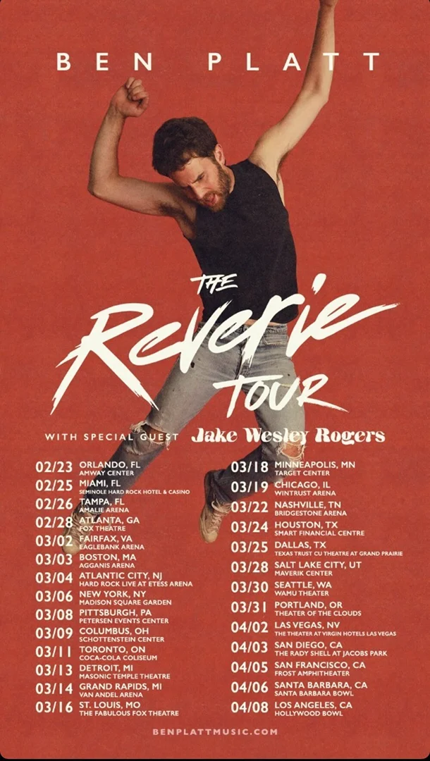 Promotional image for Ben Platt's 'The Reverie Tour' featuring a man leaping against a red background with tour dates and locations listed.