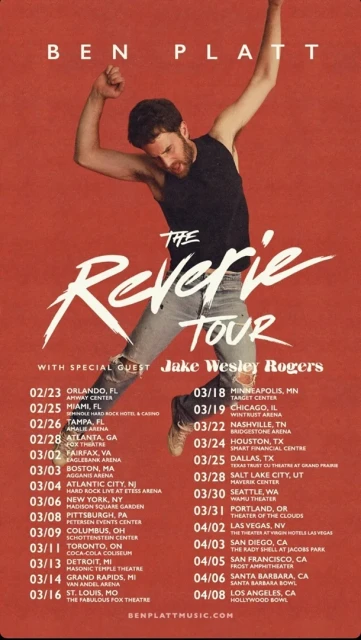 Promotional image for Ben Platt's 'The Reverie Tour' featuring a man leaping against a red background with tour dates and locations listed.