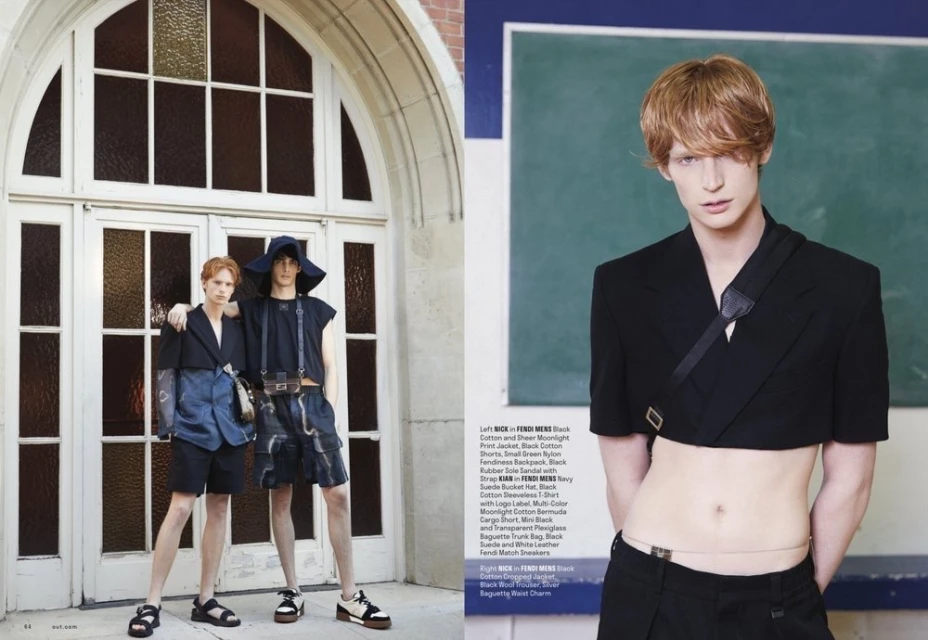 Two male fashion models pose by a building entrance, while a third model stands indoors against a green chalkboard wall.