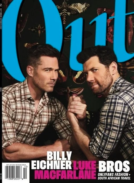 Magazine cover features two adult males, Billy Eichner and Luke Macfarlane, posing with a dark background and the magazine's title in blue.