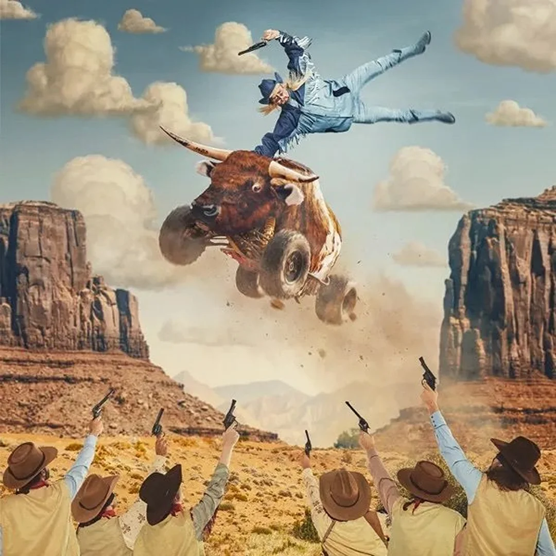 Digital artwork of a man riding a bull with wheels and cowboys pointing guns in a desert landscape under a blue sky with clouds.