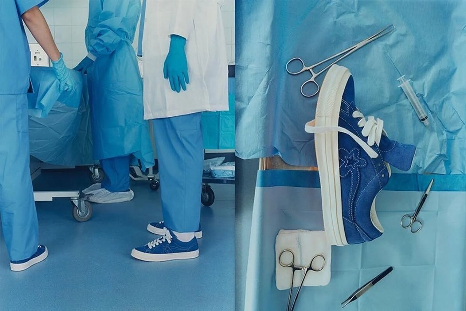 Studio shot featuring a blue sneaker with flower detail alongside surgical tools, against a matching blue surgical drape background.