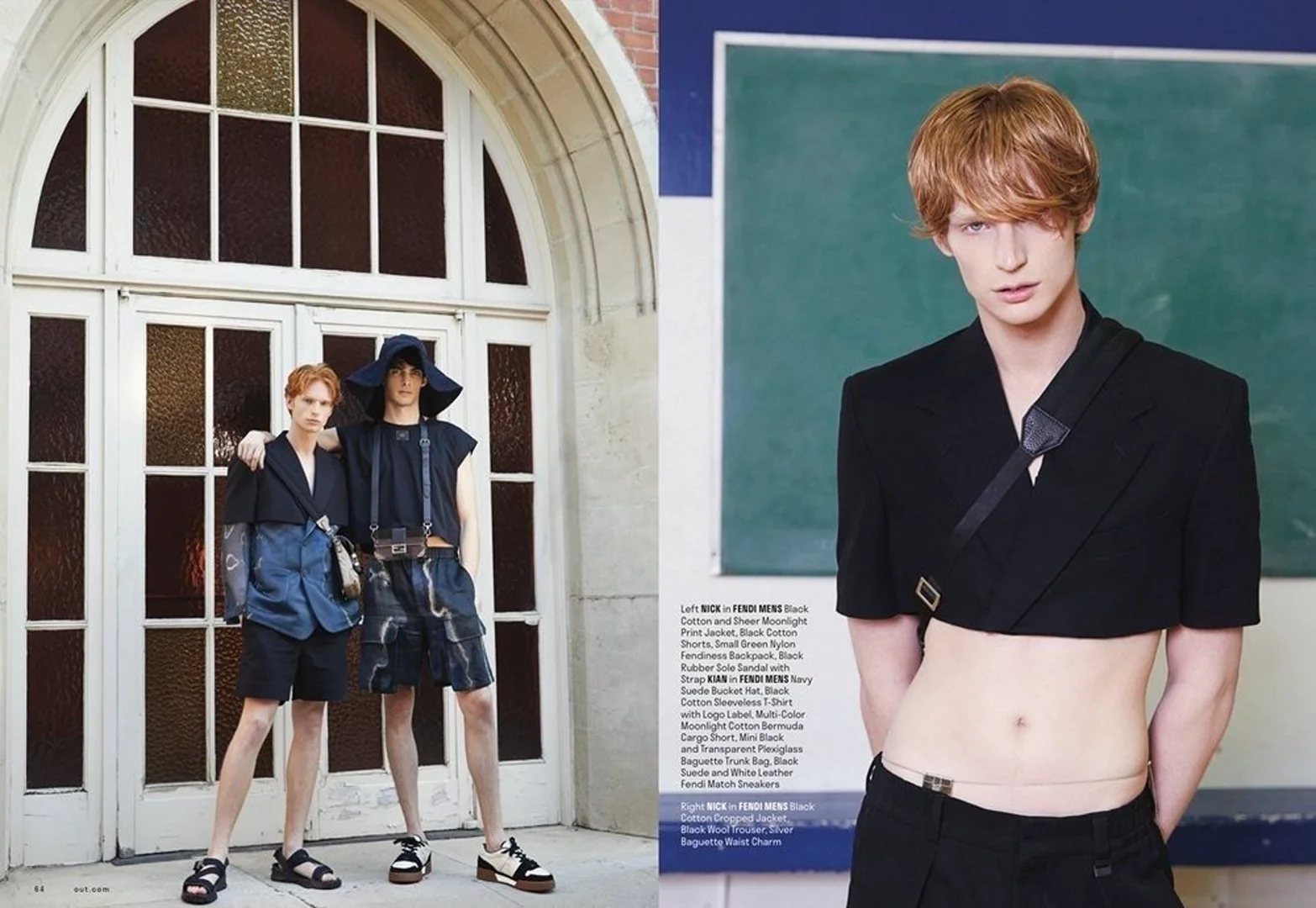 Two young male fashion models pose outdoors wearing Fendi ensembles of cropped jackets, t-shirts, skirts, shorts, sandals, and handbags.