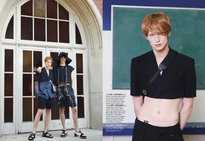 Two young male fashion models pose outdoors wearing Fendi ensembles of cropped jackets, t-shirts, skirts, shorts, sandals, and handbags.