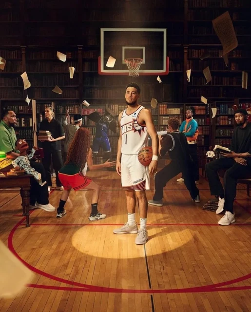Basketball player in vintage library setting with flying papers and books with people, creating a nostalgic and sporty aesthetic.