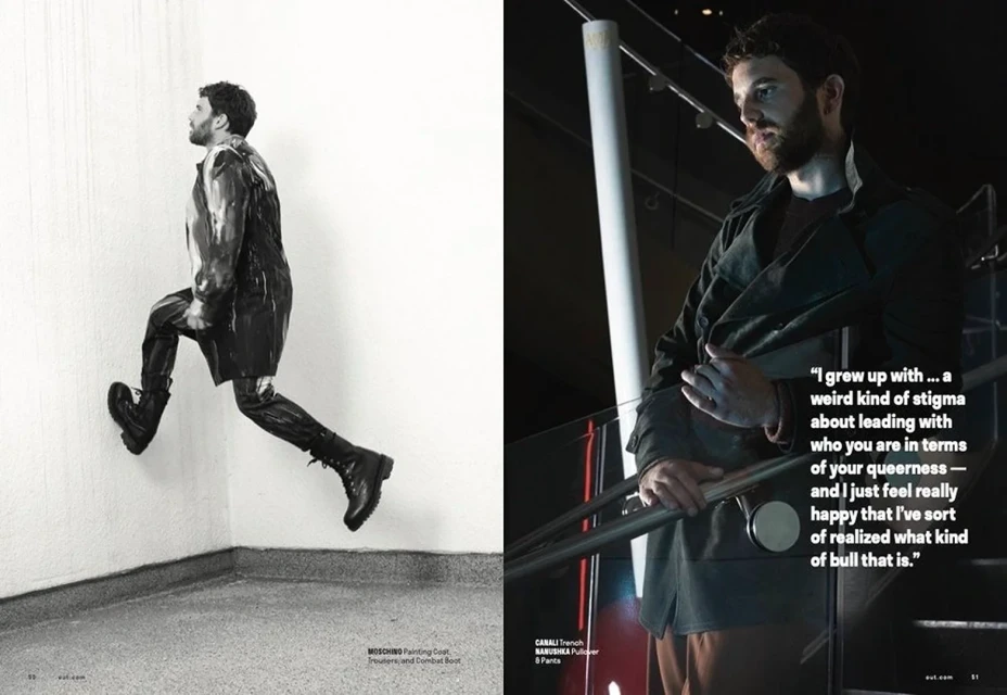 Two-panel fashion editorial features a man in a black coat and boots, one side in black and white, the other in color, indoors.