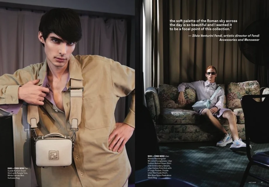 Editorial fashion shot featuring a man in a tan shirt, light purple undershirt, and a small white suitcase-style bag with the Fendi logo.