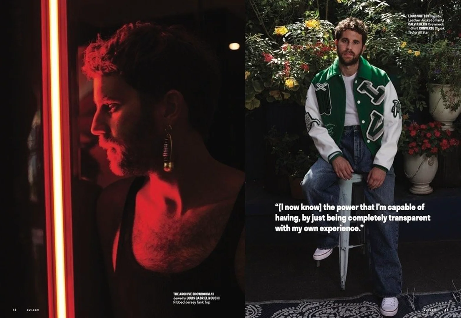 Portrait of a man with an earring standing by a red neon light, plus a portrait of the same man sitting outdoors in casual wear.