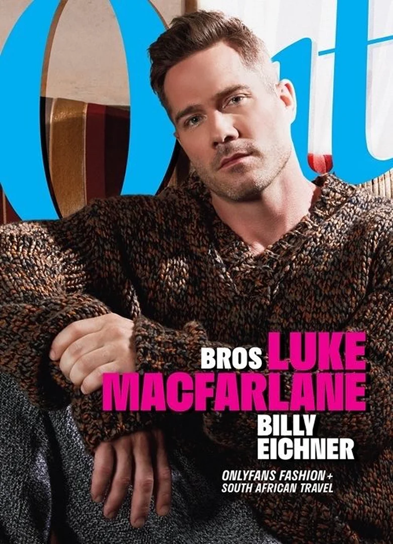 Magazine cover features Luke Macfarlane wearing a brown sweater with text overlay. The title 'Out' appears on top of the image.