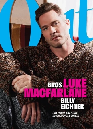 Magazine cover features Luke Macfarlane wearing a brown sweater with text overlay. The title 'Out' appears on top of the image.