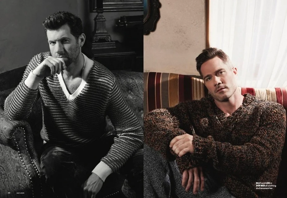 Split-screen portrait showcases two adult men in sweaters, sitting indoors in contrasting black-and-white and color settings. 