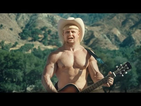 Man with guitar in nature. Muscular man in cowboy hat plays guitar in front of trees and a hill during the daytime.