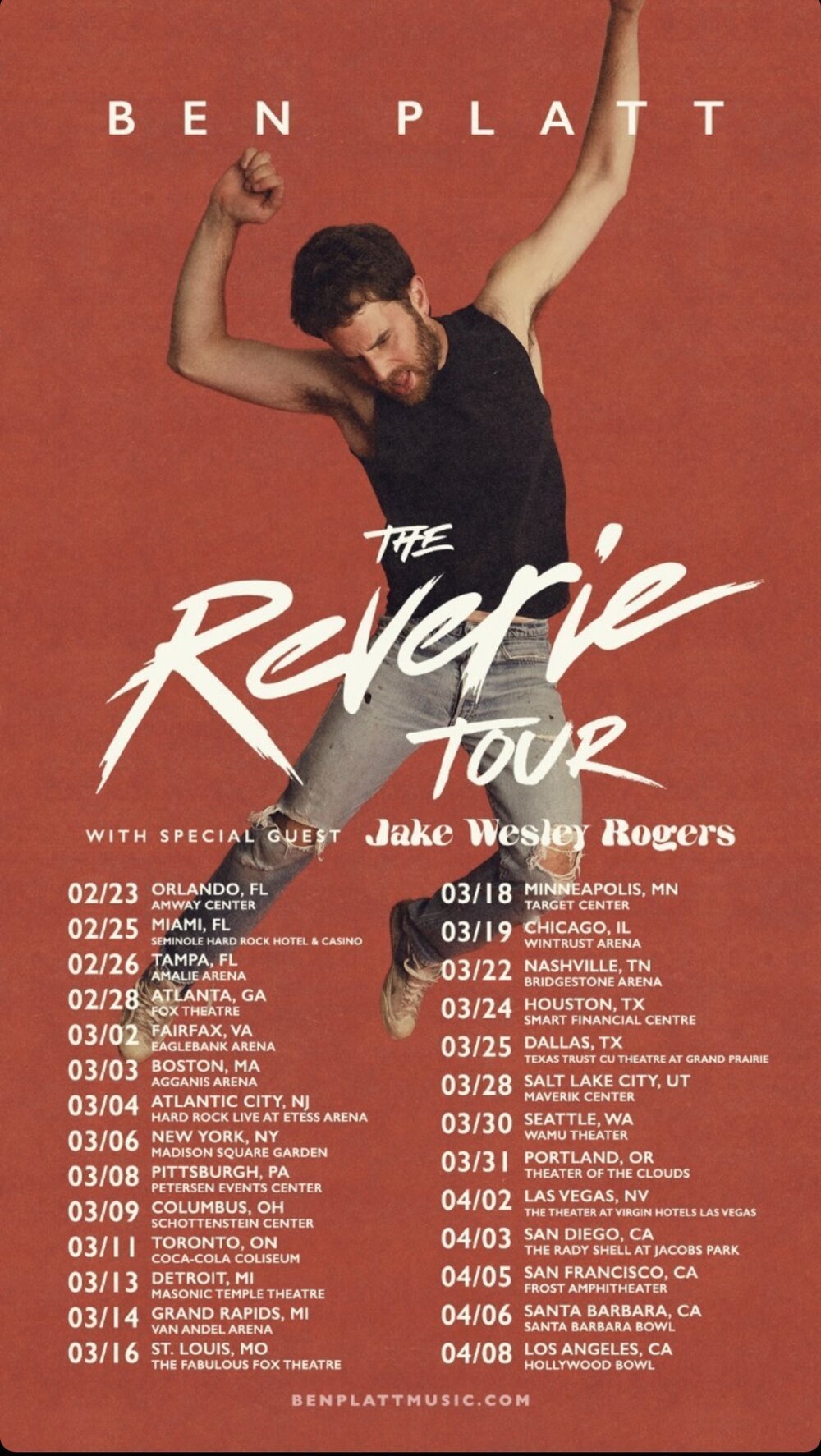 Promotional image for Ben Platt's The Reverie Tour features the artist leaping against a red background, tour dates and locations below.