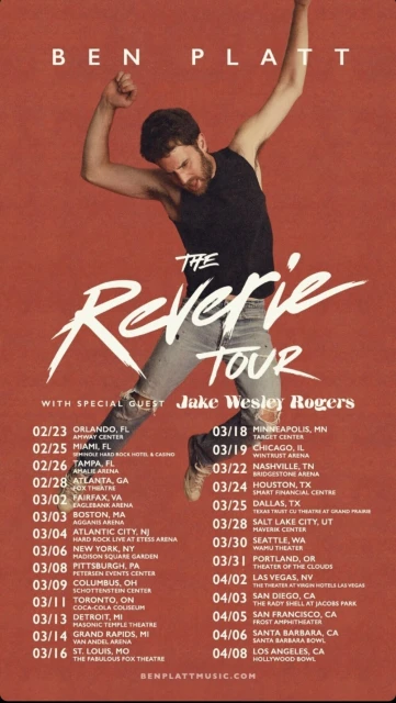 Promotional image for Ben Platt's The Reverie Tour features the artist leaping against a red background, tour dates and locations below.