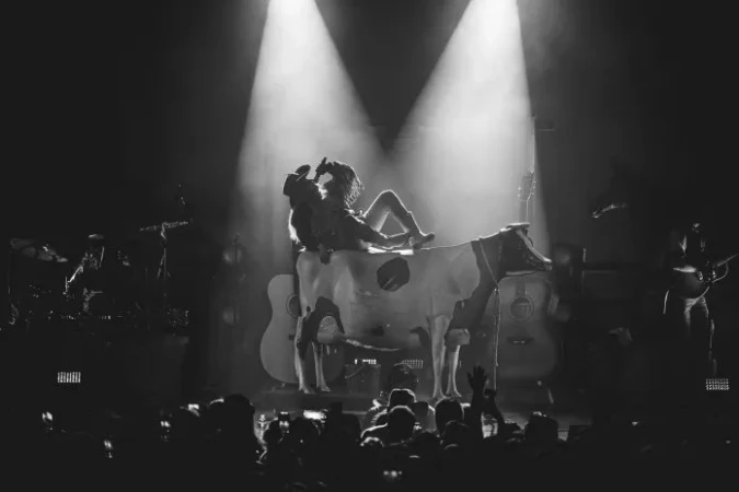 Two musicians on stage with a cow prop under spotlights, performing for a crowd at a music concert in black and white.