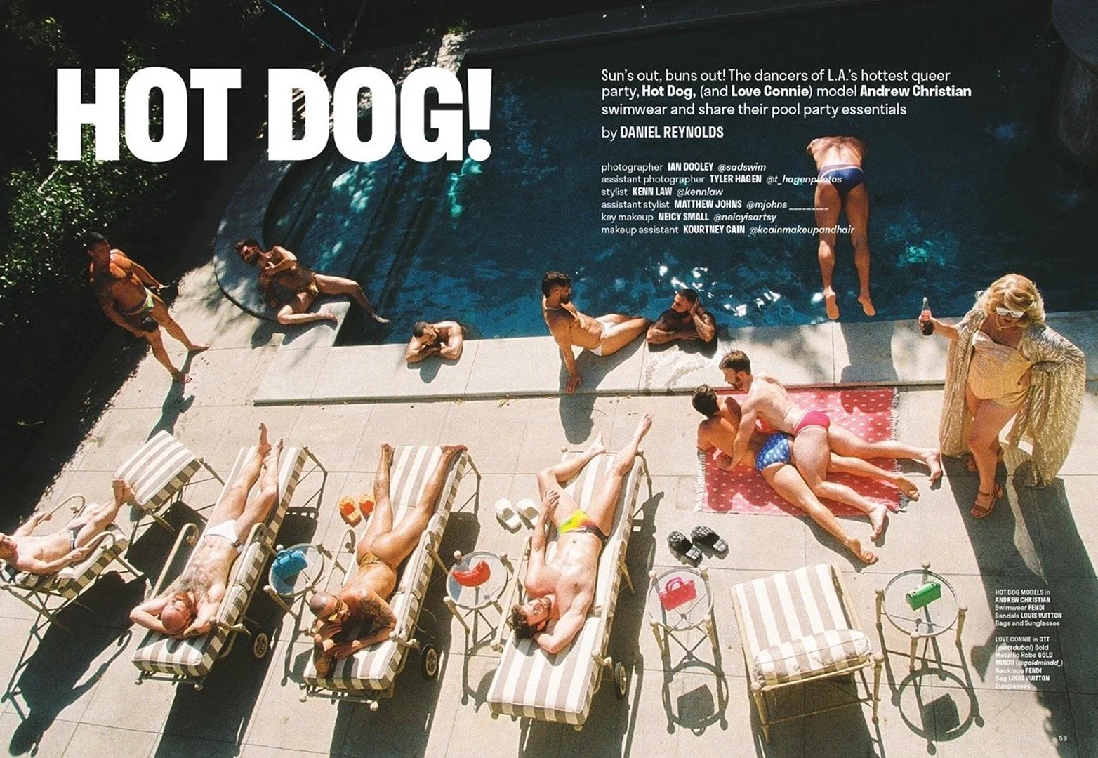 Outdoor pool party featuring men in swimwear, lounging on chairs, swimming, and a drag queen holding a bottle. Sunny daylight.
