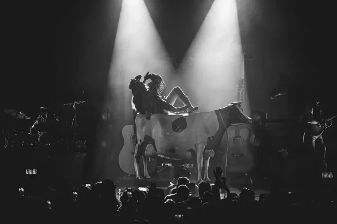 Black and white stage scene with two performers on a cow prop under spotlights, captured from a crowd's perspective at a music concert.