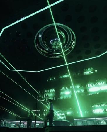 Futuristic stage with adult male and female performers, green lighting, and advanced technical set design elements.