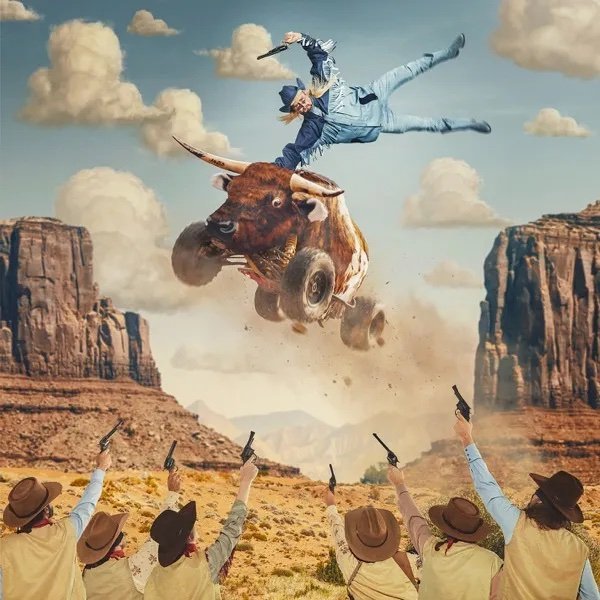 A bull with wheels jumps over a desert landscape as a cowboy flies through the air and a group of people point guns upward.