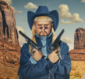 Man wearing a blue cowboy hat, tinted sunglasses, and blue jacket holding two revolvers against a desert mountain background