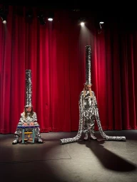 Two performers in silver foil suits and tall cylinder hats on a stage with heavy red curtains