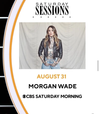 Promotional image for Saturday Sessions featuring musician Morgan Wade with tattoos and a black leather jacket against a white backdrop.