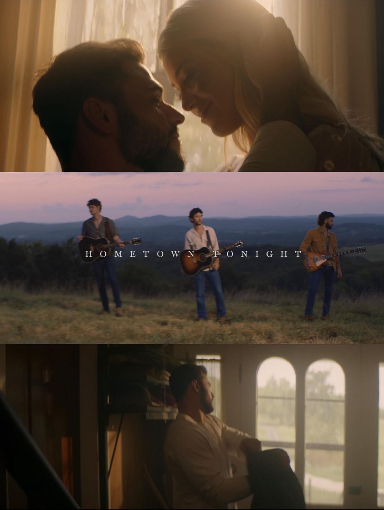 Collage of a music video scene with a romantic couple indoors, musicians in a rural landscape, and a man in a domestic setting.