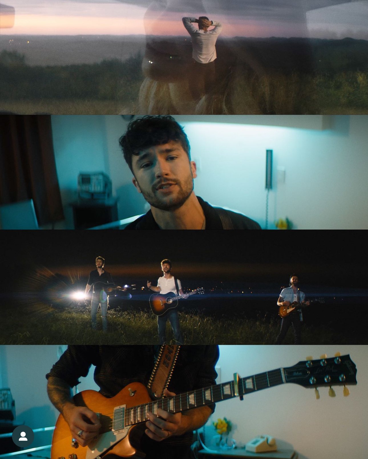 A music video collage shows a man singing indoors, three guitarists on a dark field at night, and a guitarist playing indoors.
