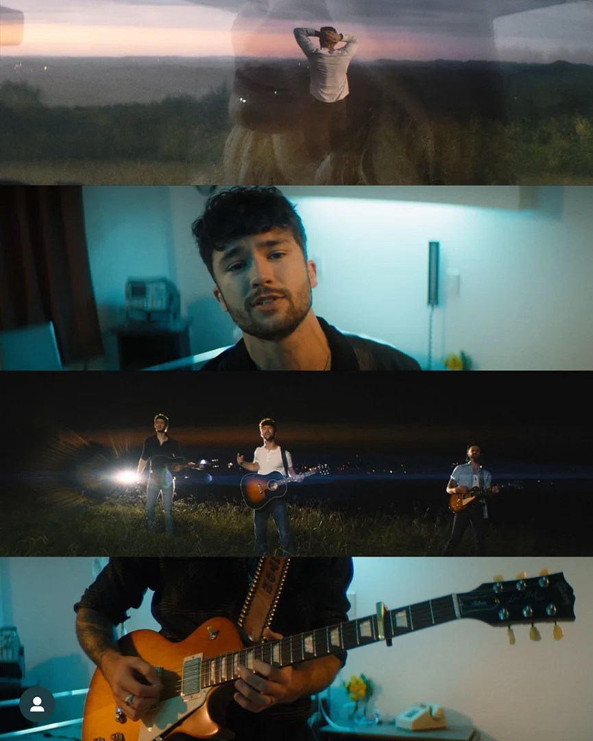 Music video montage featuring a singer-guitarist performing with his band in outdoor settings, with indoor scenes of him playing guitar.