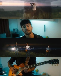Multi-pane composite image showing a musician singing indoors, playing guitar outdoors at night, and an ethereal double exposure.